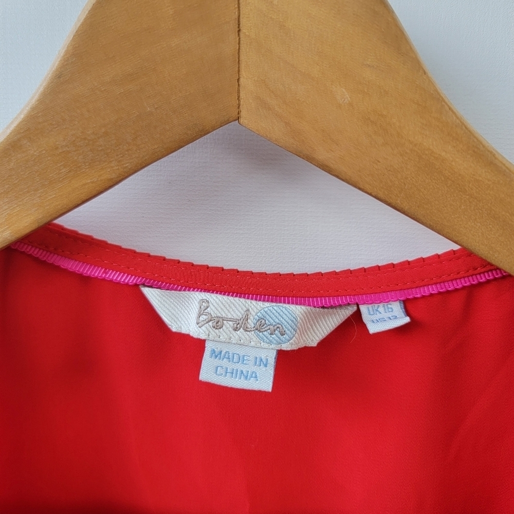 Boden Red Frieda Pleated Peter Pan Collar Velvet Neck Tie Bow Blouse Size 12 - Picture 13 of 16